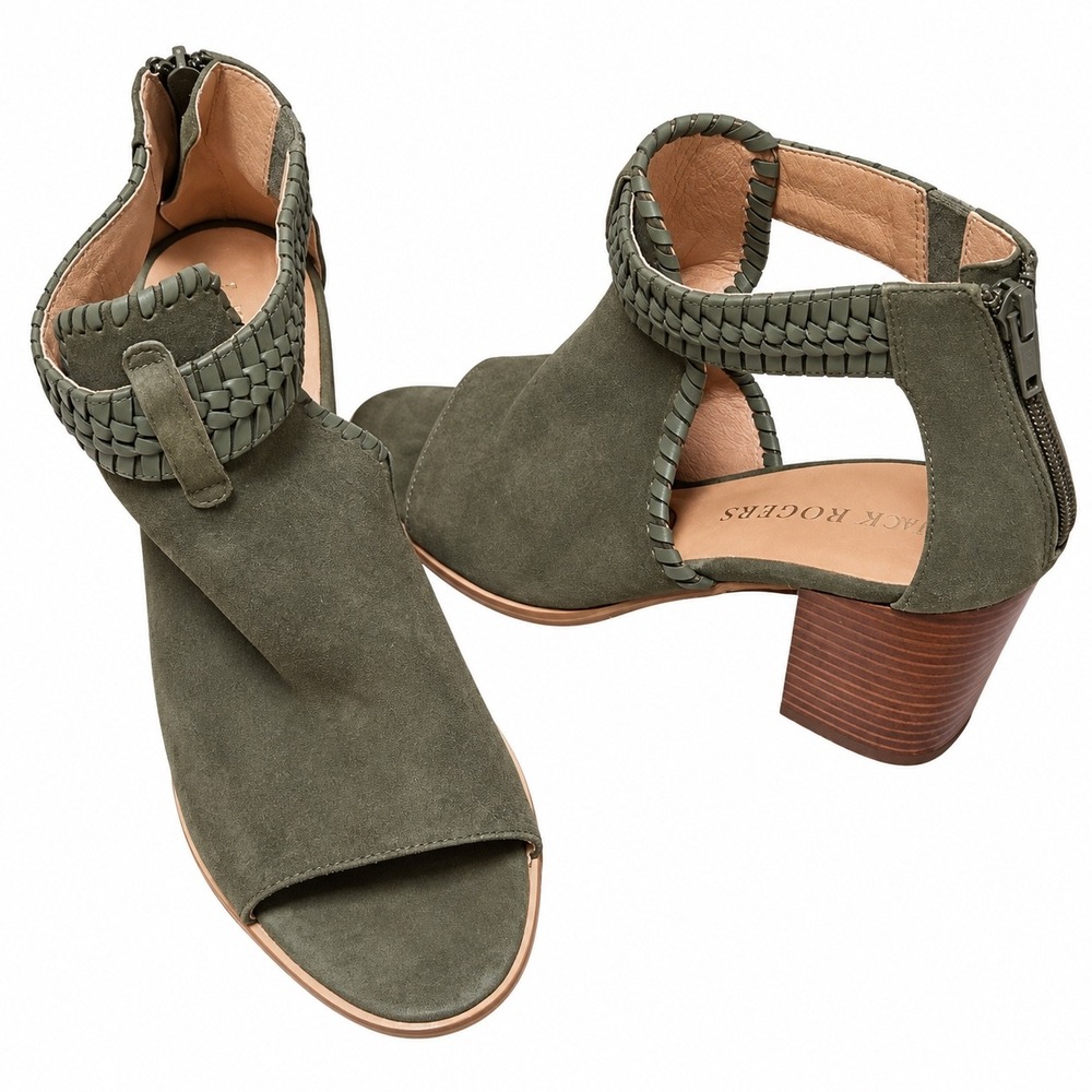 Jack Rogers Olive Suede Woven Ankle Strap Heels Size 9 Boho Block Heel